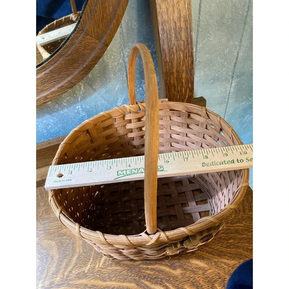 Handwoven Splint Wood Basket with Sunflower Button Accents Rustic Farmhouse
